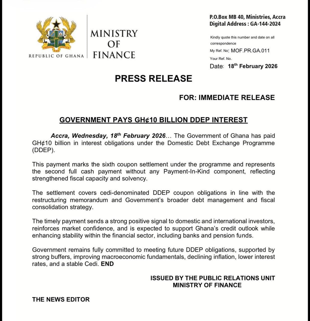Ministry of Finance Statement